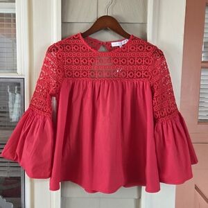 Endless Rose NWT Red Bell Sleeve Blouse Medium Crochet Floral Eyelet Yoke Top